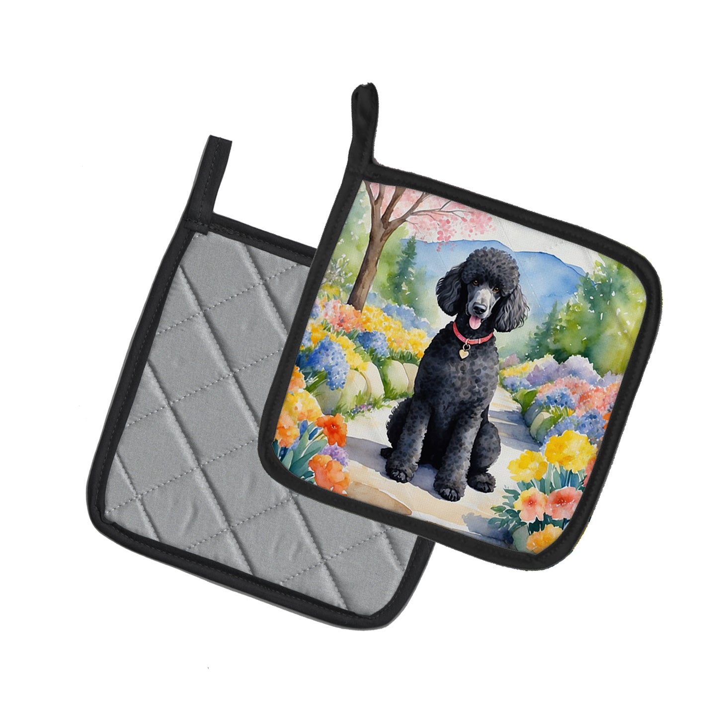 Black Poodle Spring Path Pair of Pot Holders