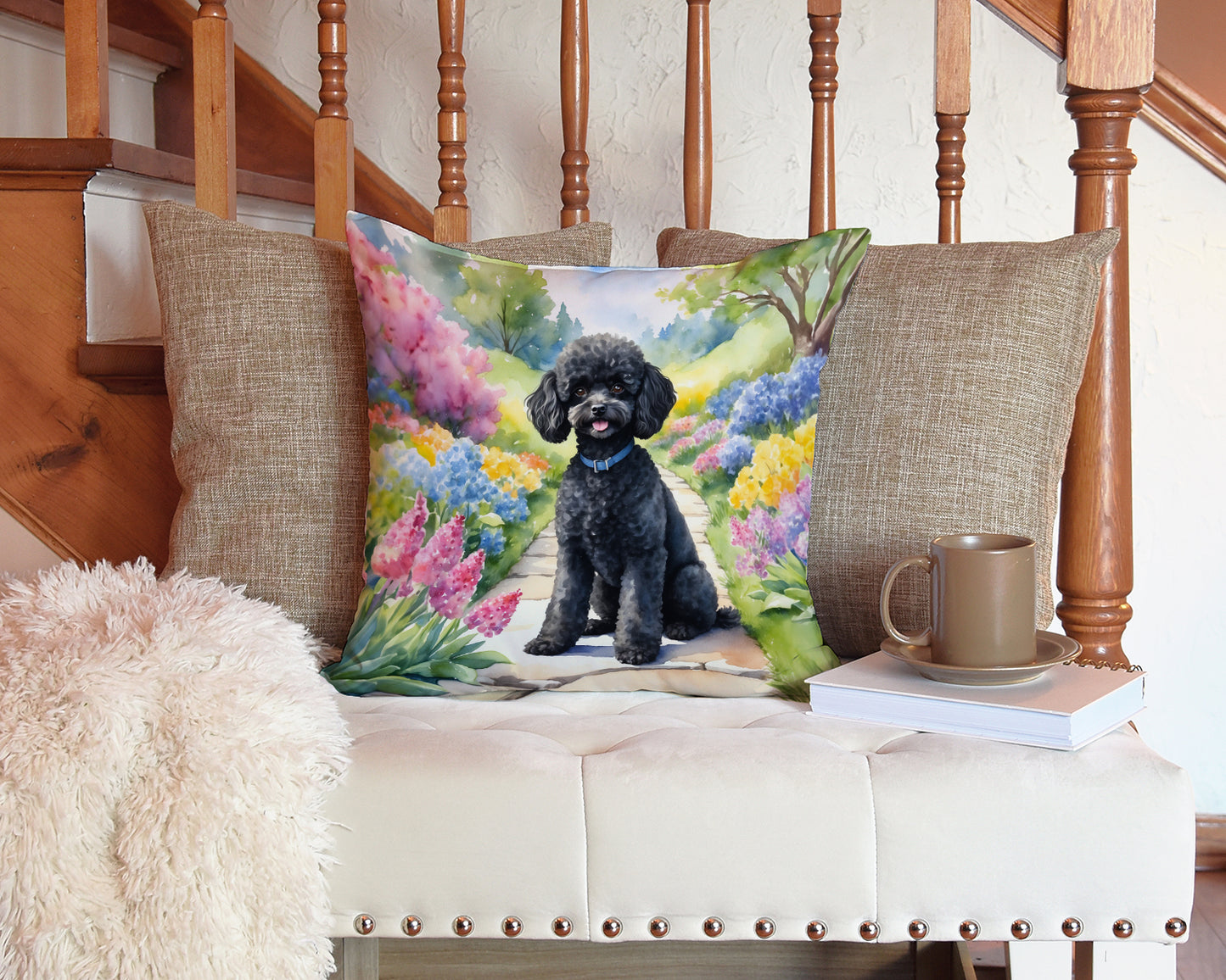 Black Poodle Spring Path Throw Pillow