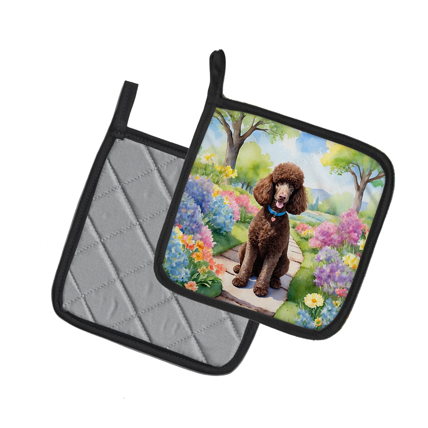 Chocolate Poodle Spring Path Pair of Pot Holders