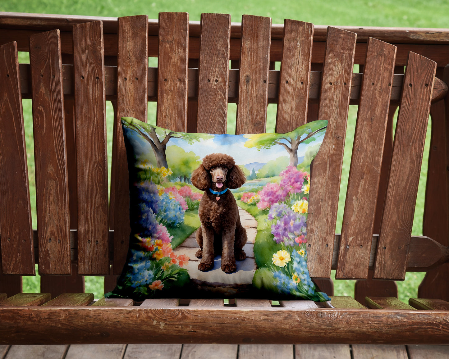 Chocolate Poodle Spring Path Throw Pillow