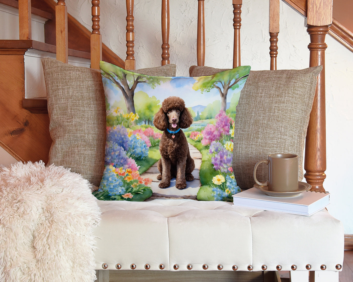 Chocolate Poodle Spring Path Throw Pillow