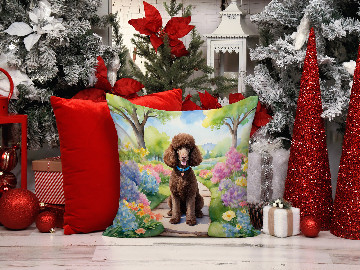 Chocolate Poodle Spring Path Throw Pillow