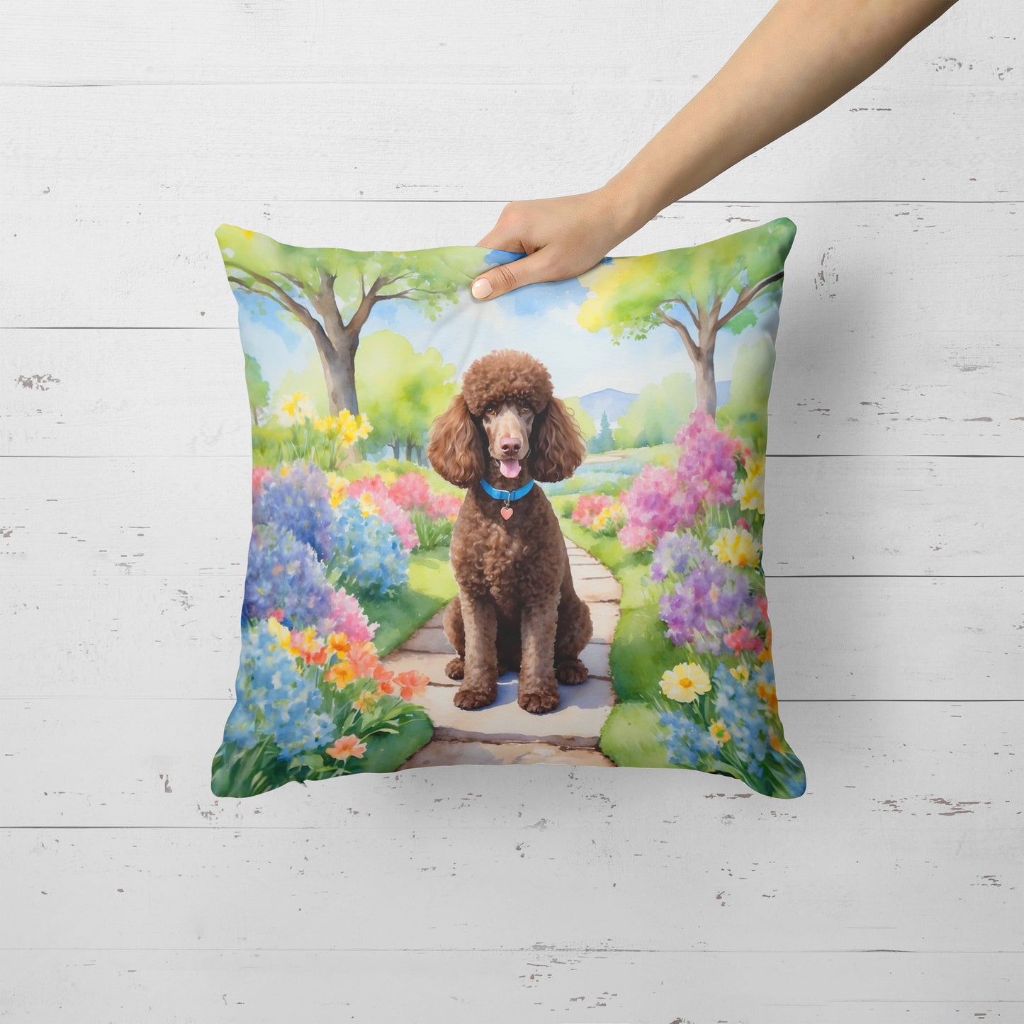 Chocolate Poodle Spring Path Throw Pillow