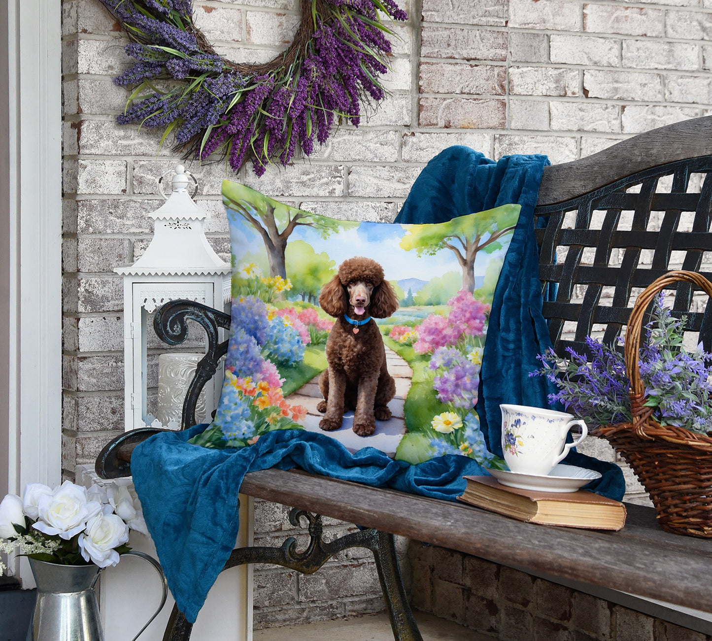 Chocolate Poodle Spring Path Throw Pillow