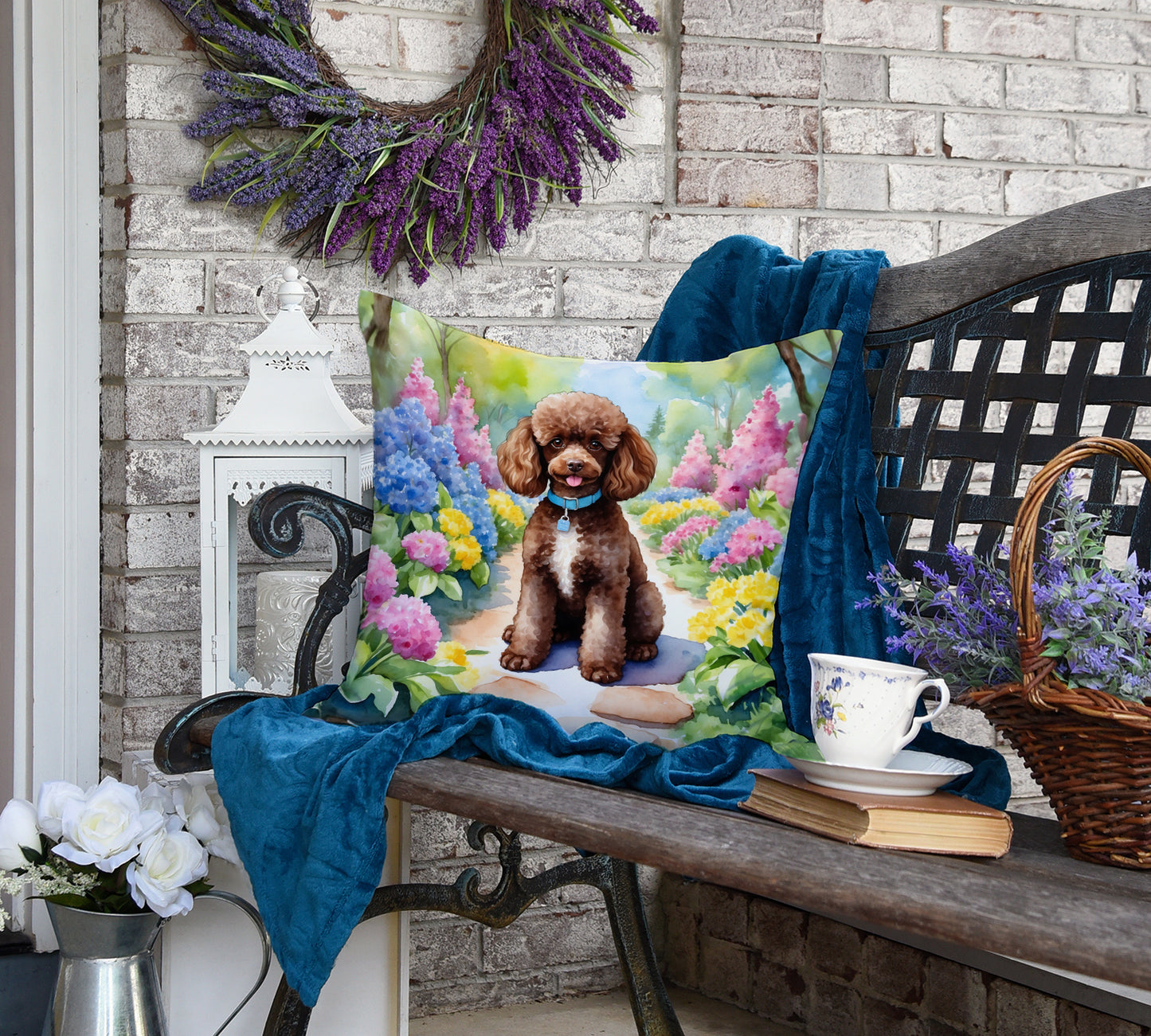 Chocolate Poodle Spring Path Throw Pillow