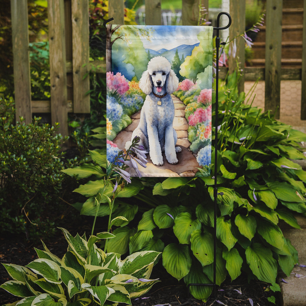 White Poodle Spring Path Garden Flag