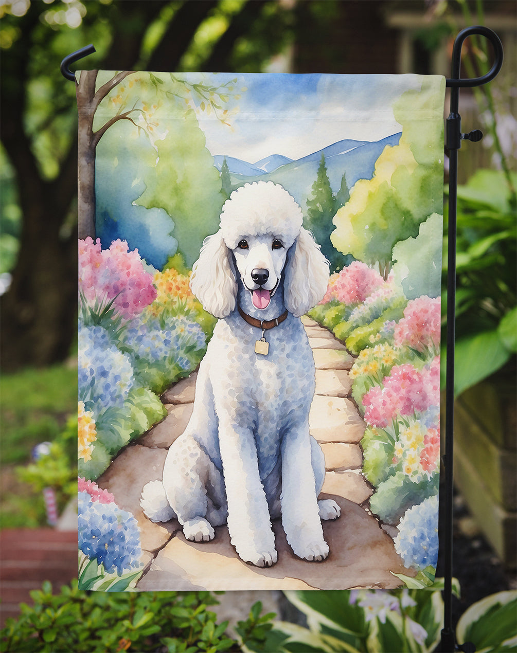 White Poodle Spring Path Garden Flag