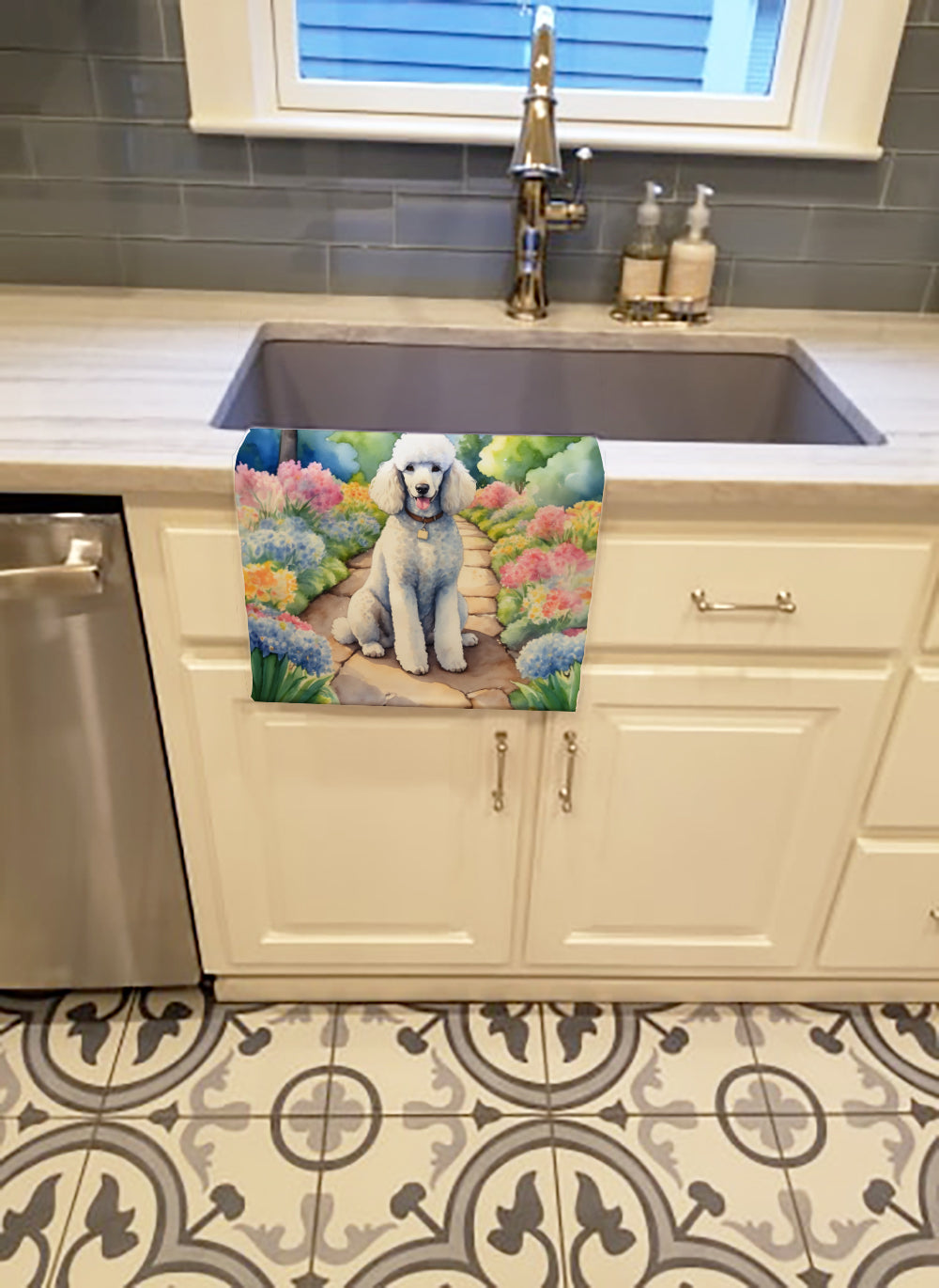 White Poodle Spring Path Kitchen Towel