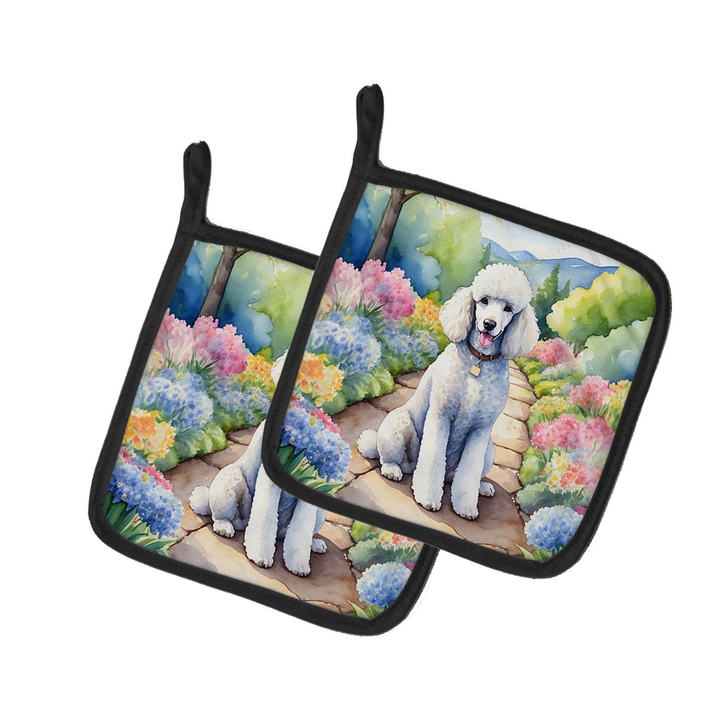 Buy this White Poodle Spring Path Pair of Pot Holders