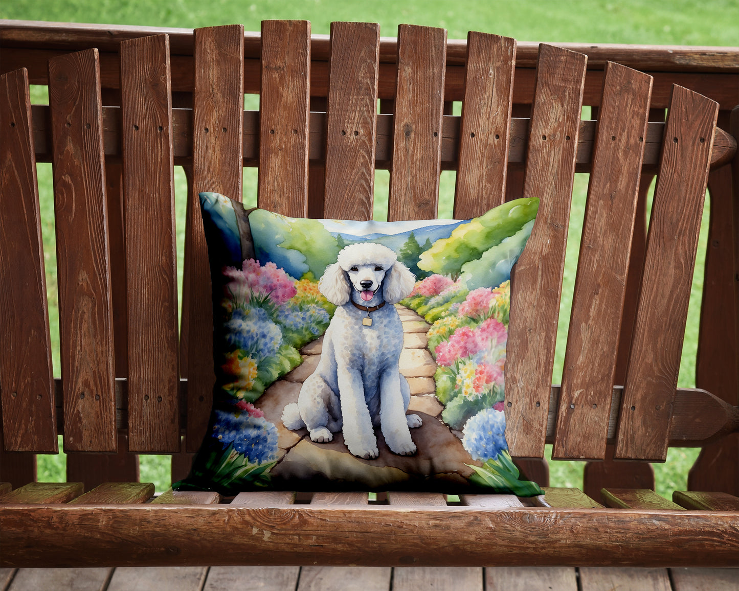 White Poodle Spring Path Throw Pillow