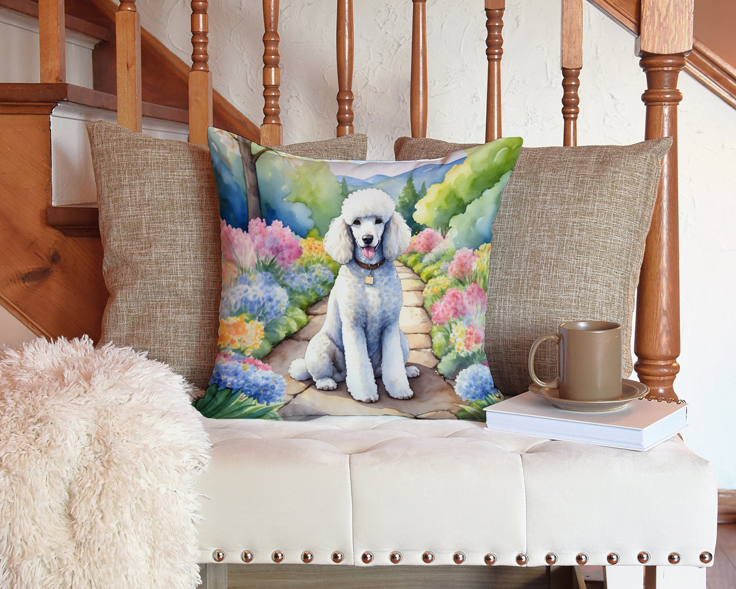 White Poodle Spring Path Throw Pillow