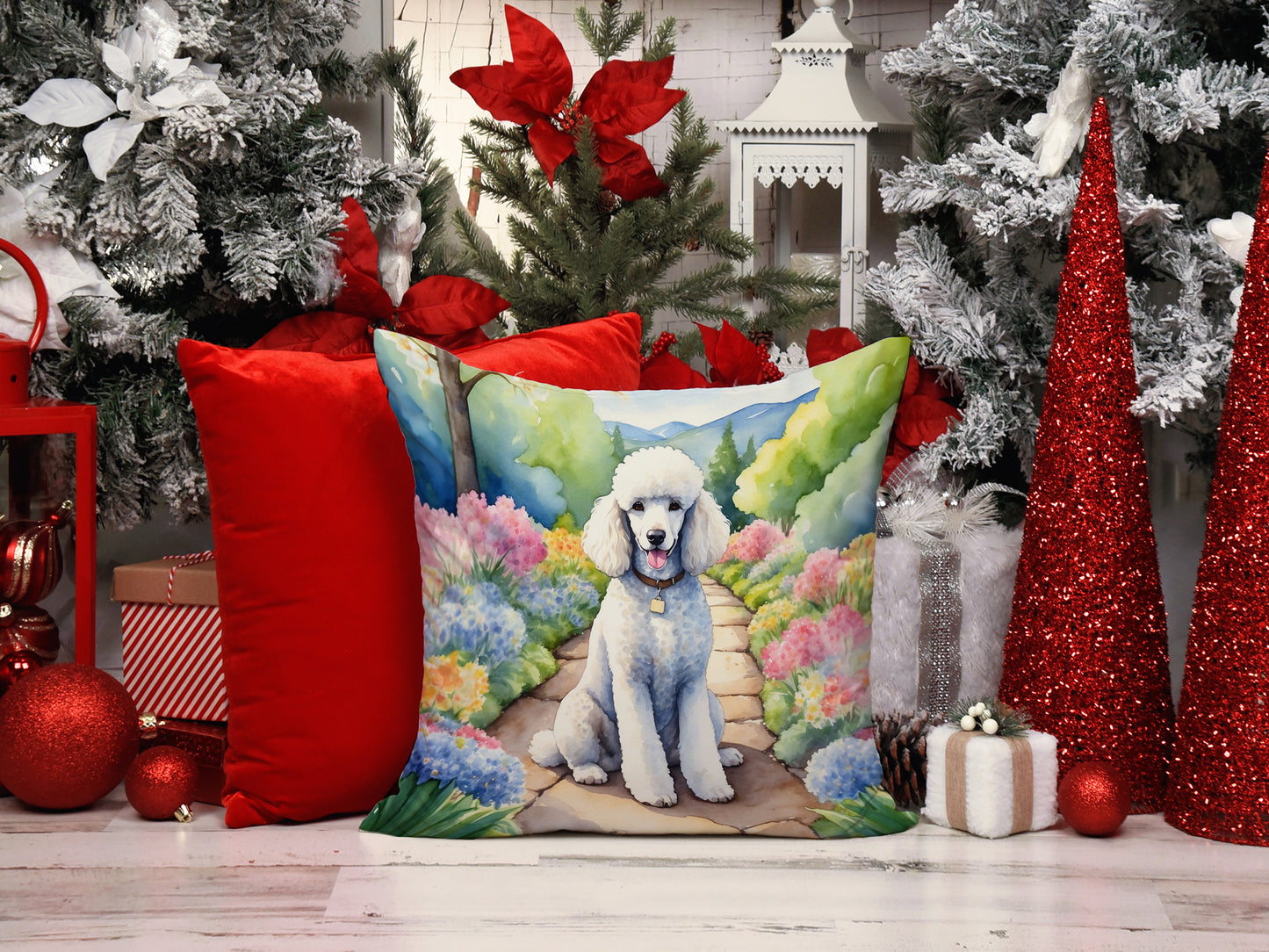 White Poodle Spring Path Throw Pillow