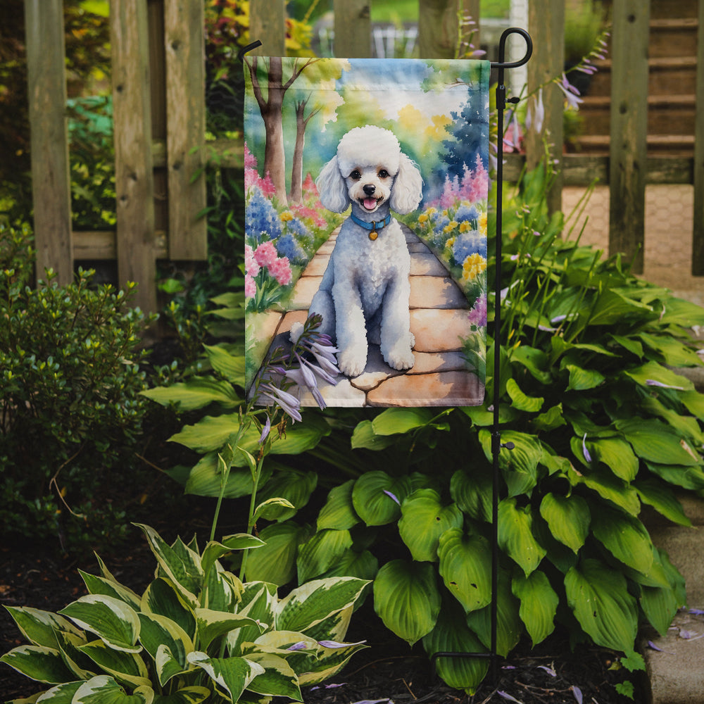 White Poodle Spring Path Garden Flag