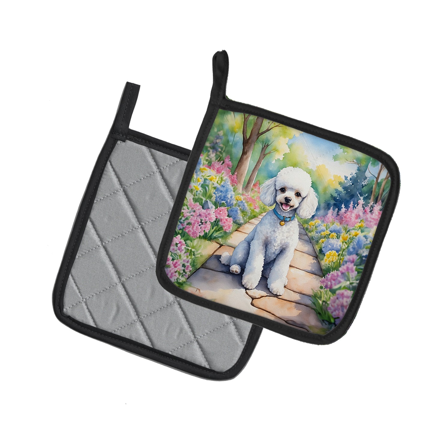 White Poodle Spring Path Pair of Pot Holders