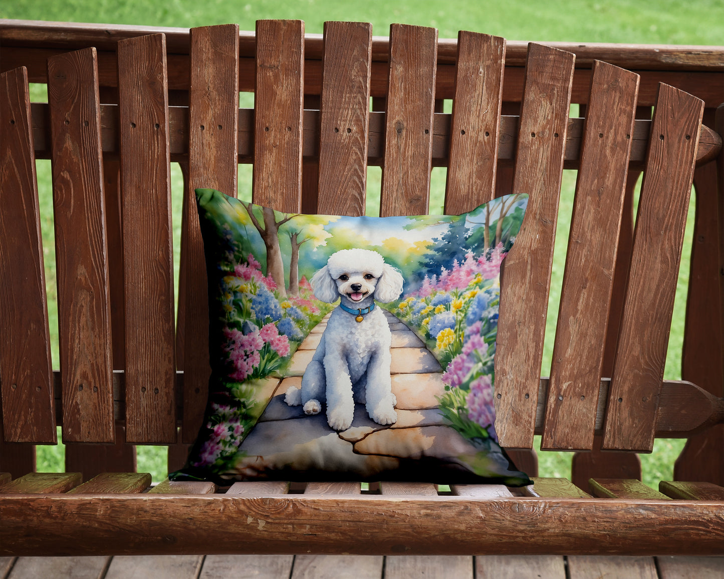 White Poodle Spring Path Throw Pillow