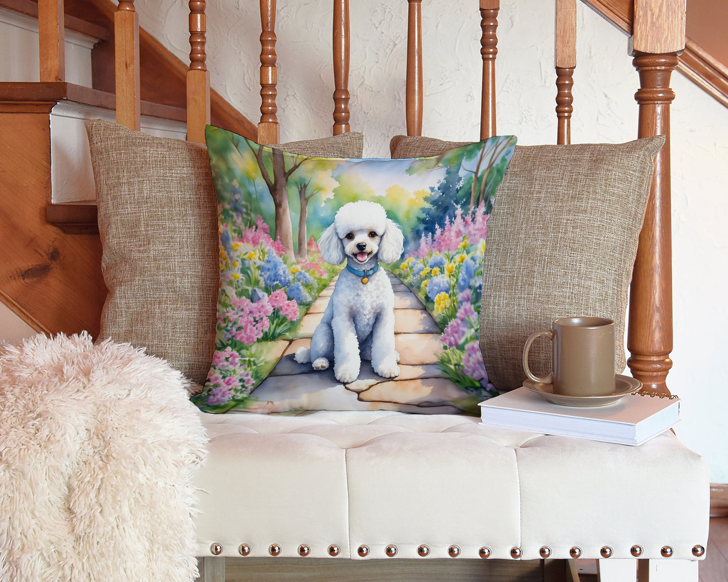 White Poodle Spring Path Throw Pillow