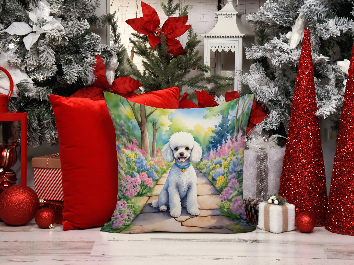 White Poodle Spring Path Throw Pillow