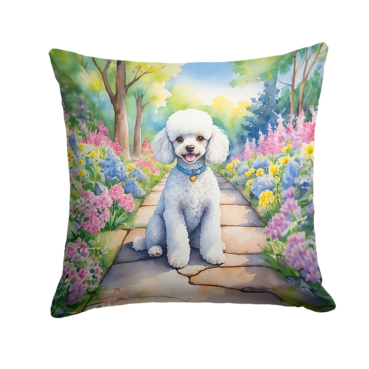 Buy this White Poodle Spring Path Throw Pillow