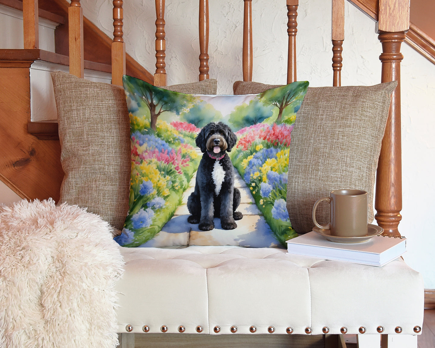 Portuguese Water Dog Spring Path Throw Pillow