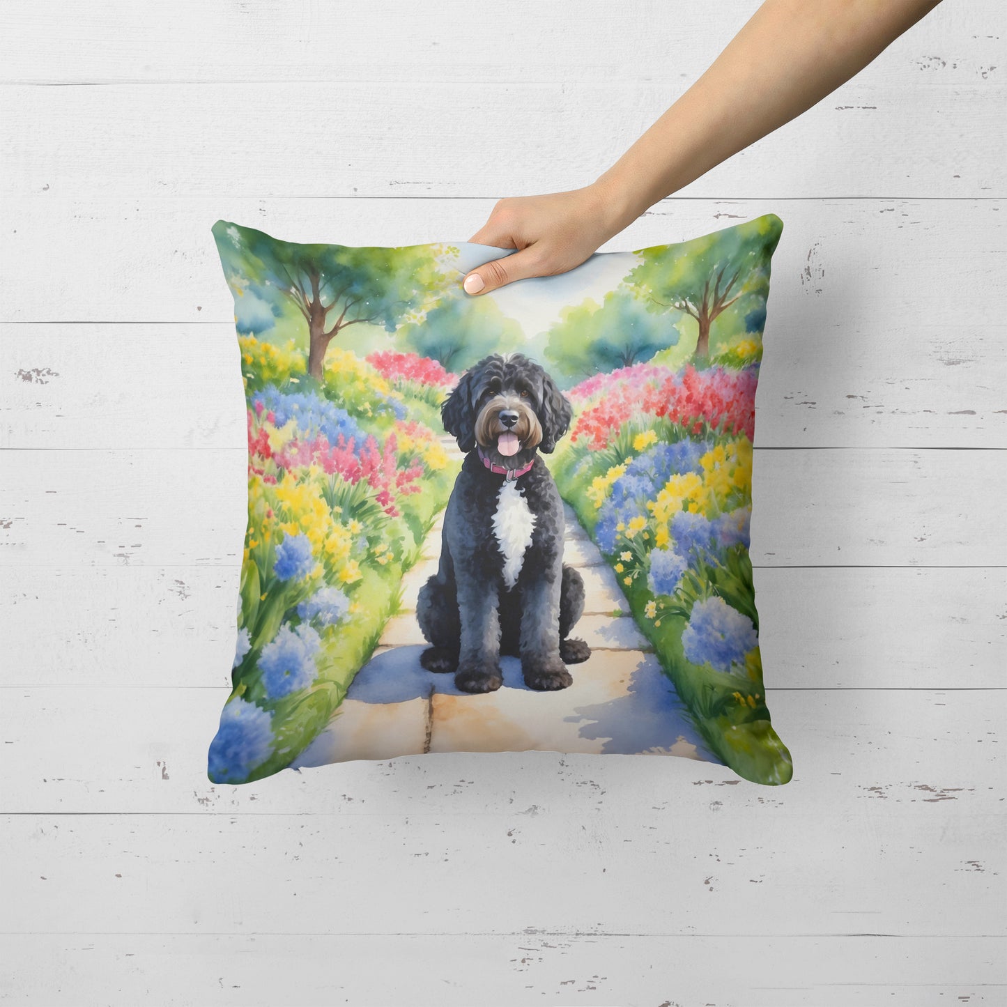 Portuguese Water Dog Spring Path Throw Pillow