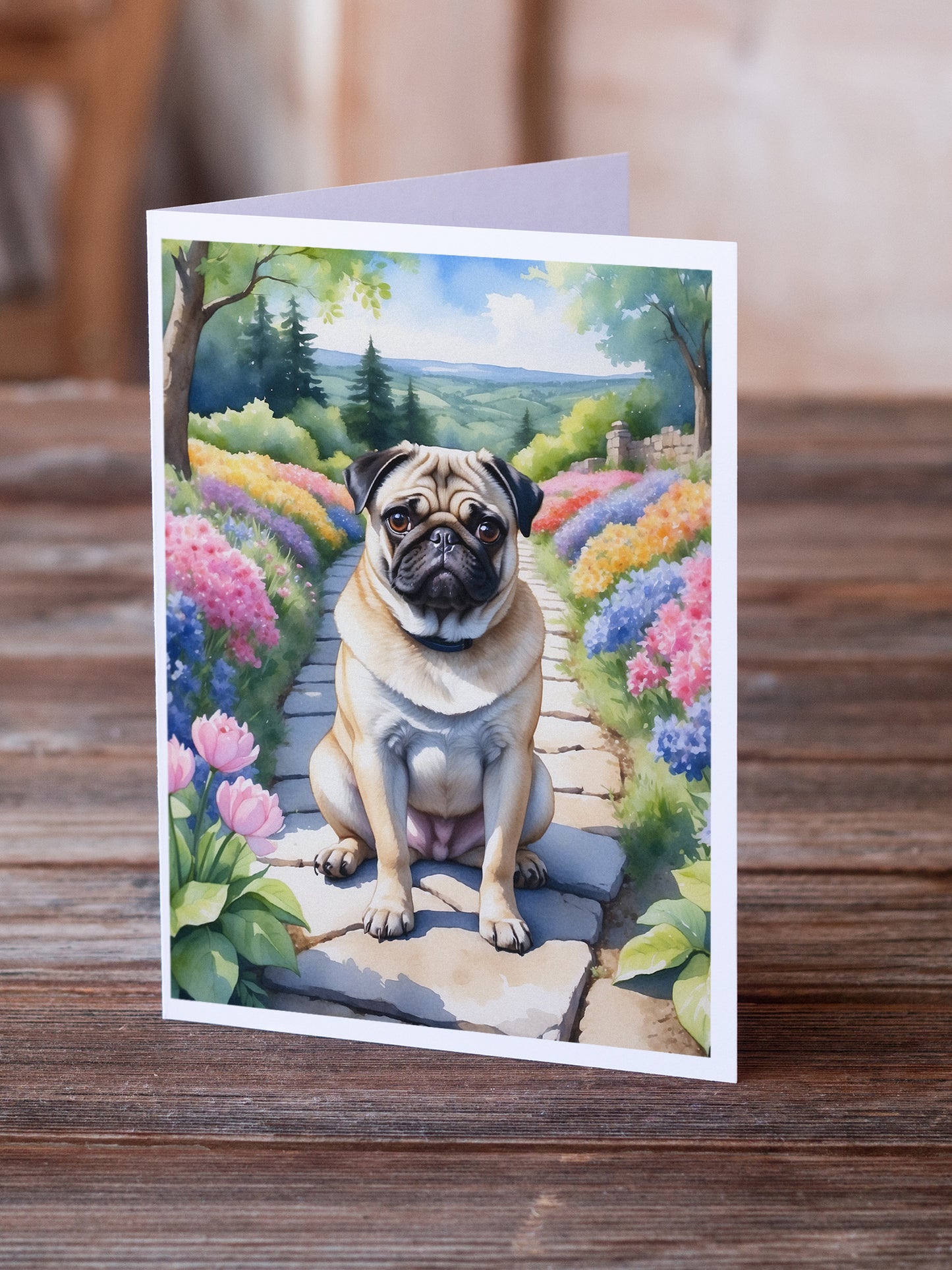 Pug Spring Path Greeting Cards Pack of 8