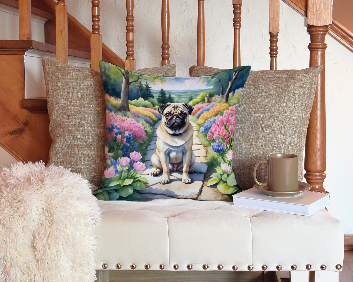 Pug Spring Path Throw Pillow