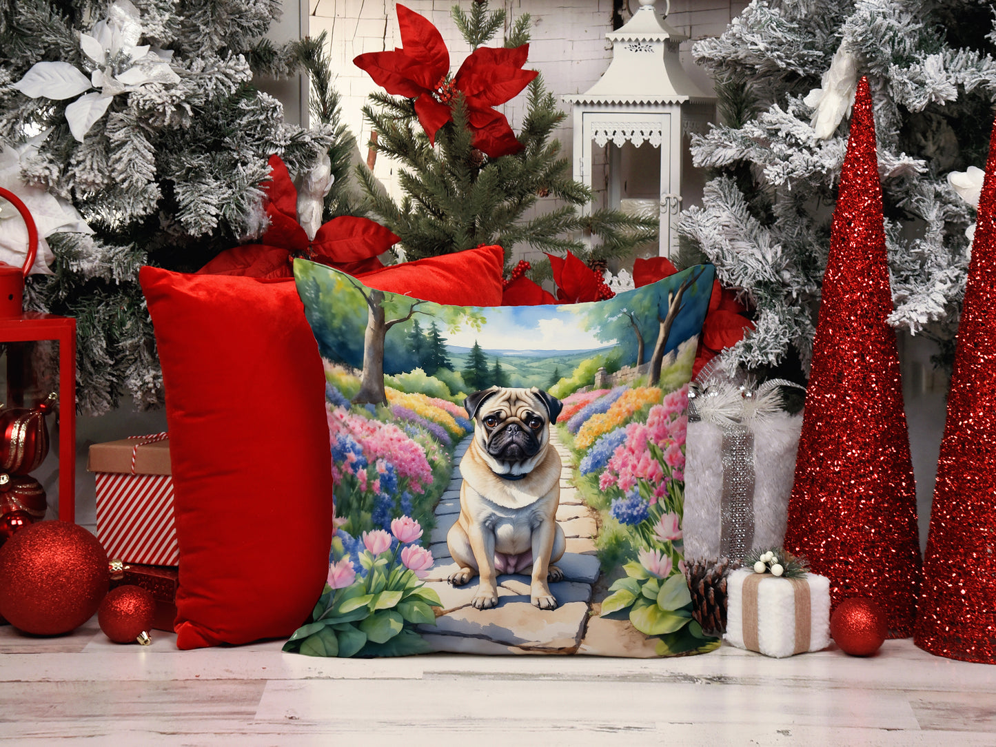 Pug Spring Path Throw Pillow