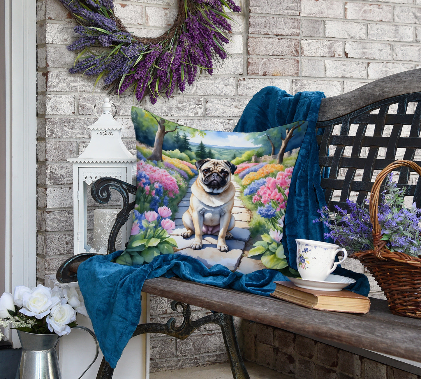 Pug Spring Path Throw Pillow