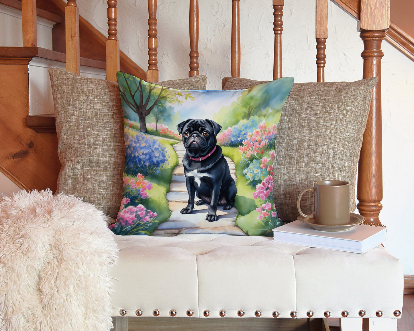 Black Pug Spring Path Throw Pillow