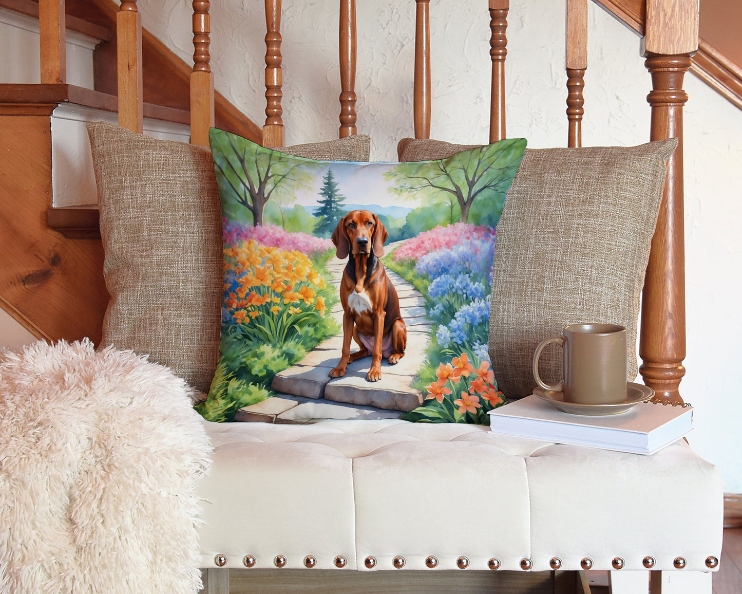 Redbone Coonhound Spring Path Throw Pillow