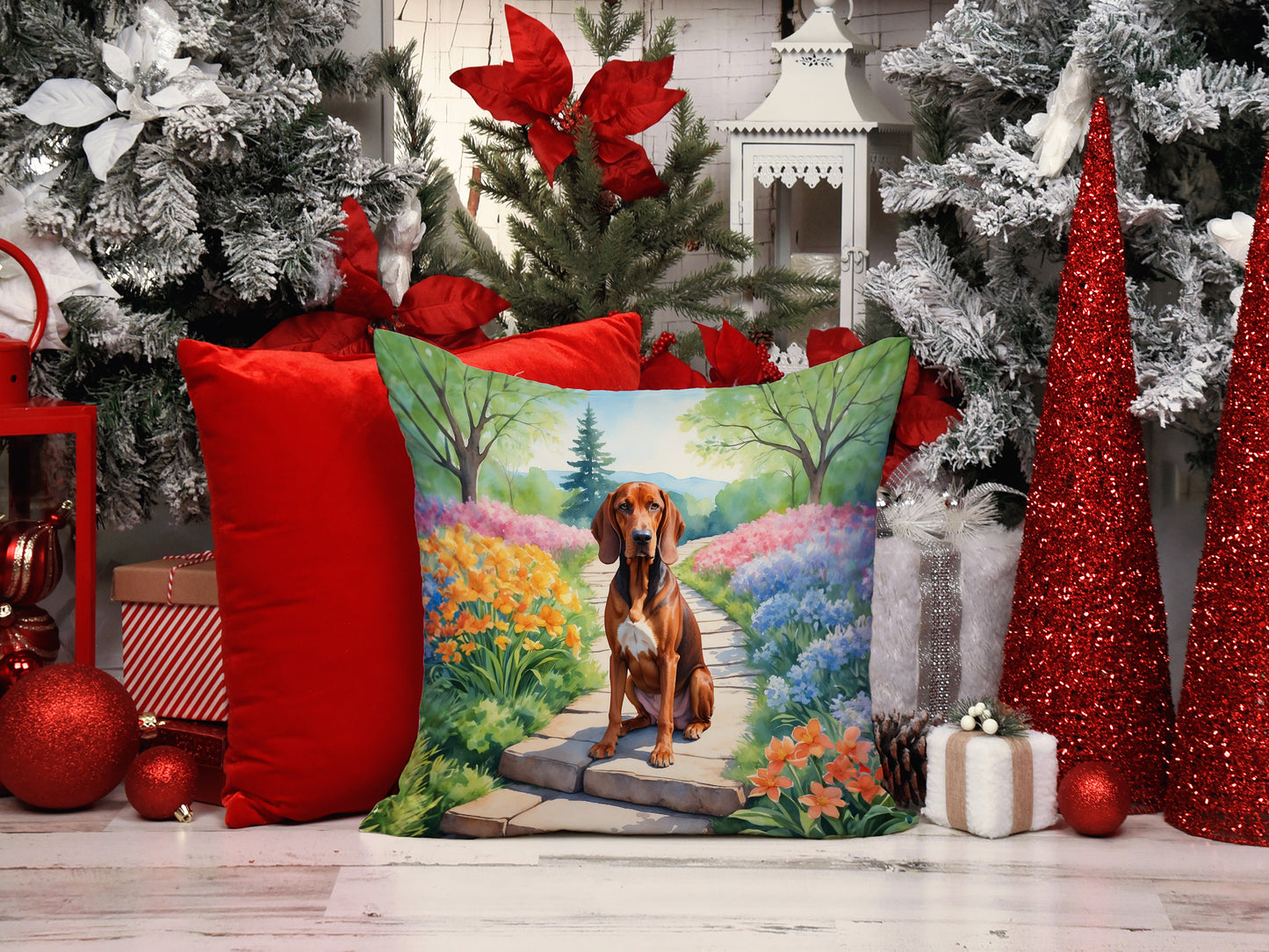 Redbone Coonhound Spring Path Throw Pillow