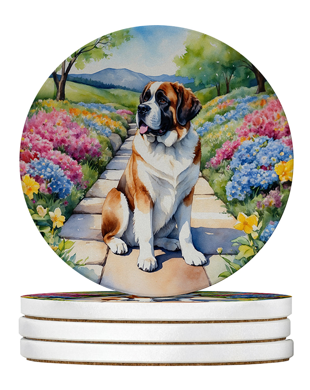 Buy this Saint Bernard Spring Path Large Sandstone Coasters Pack of 4