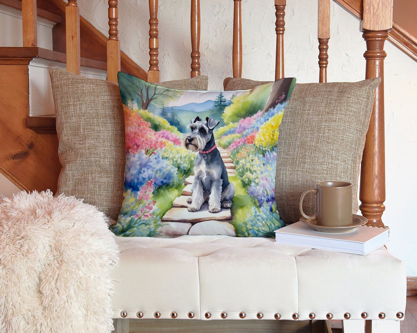 Schnauzer Spring Path Throw Pillow