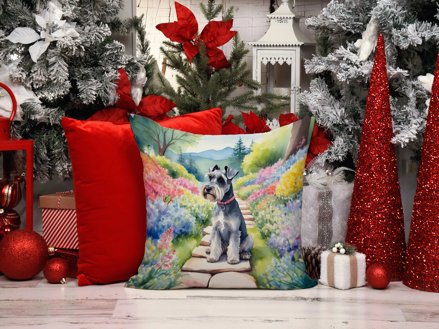 Schnauzer Spring Path Throw Pillow