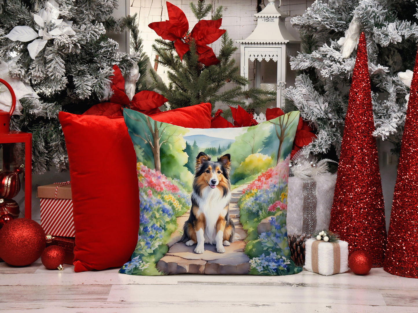 Sheltie Spring Path Throw Pillow