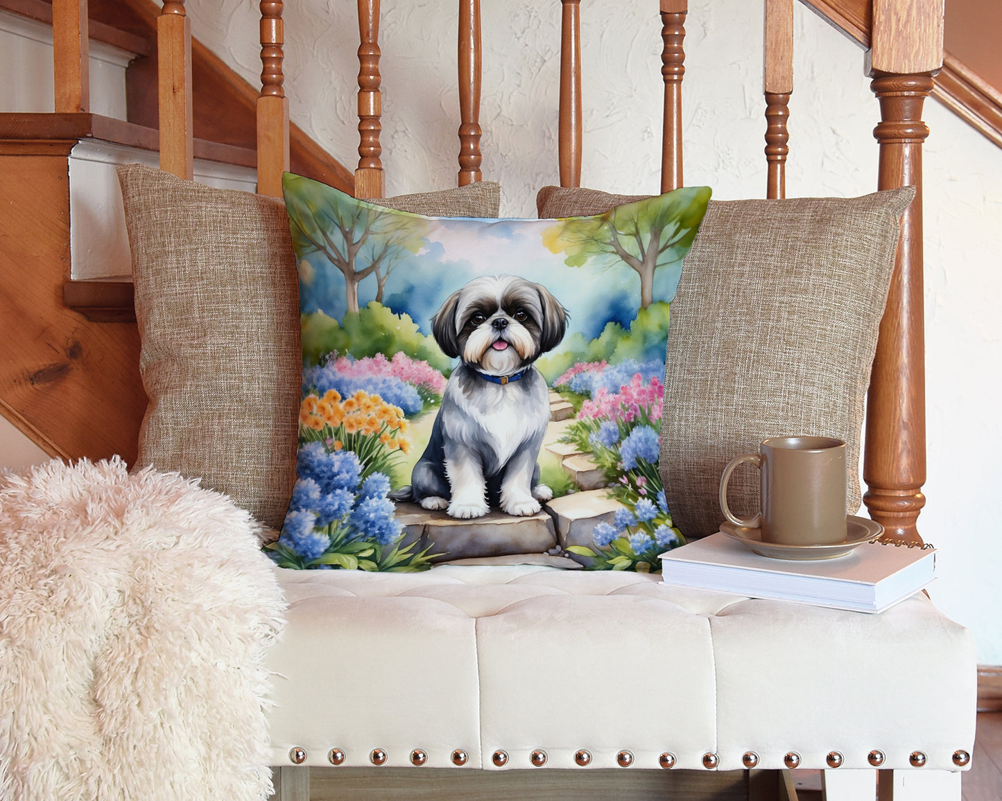 Shih Tzu Spring Path Throw Pillow