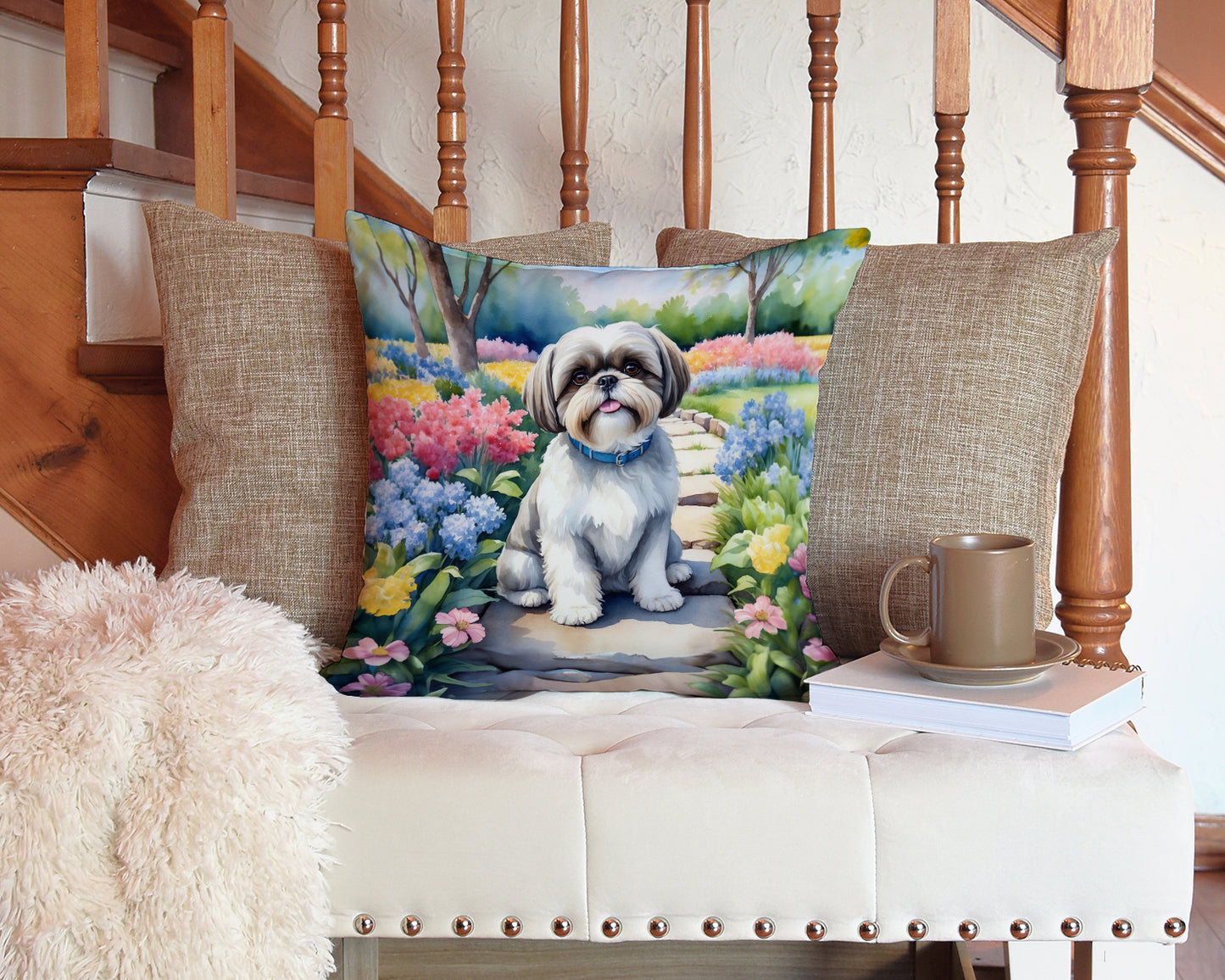 Shih Tzu Spring Path Throw Pillow