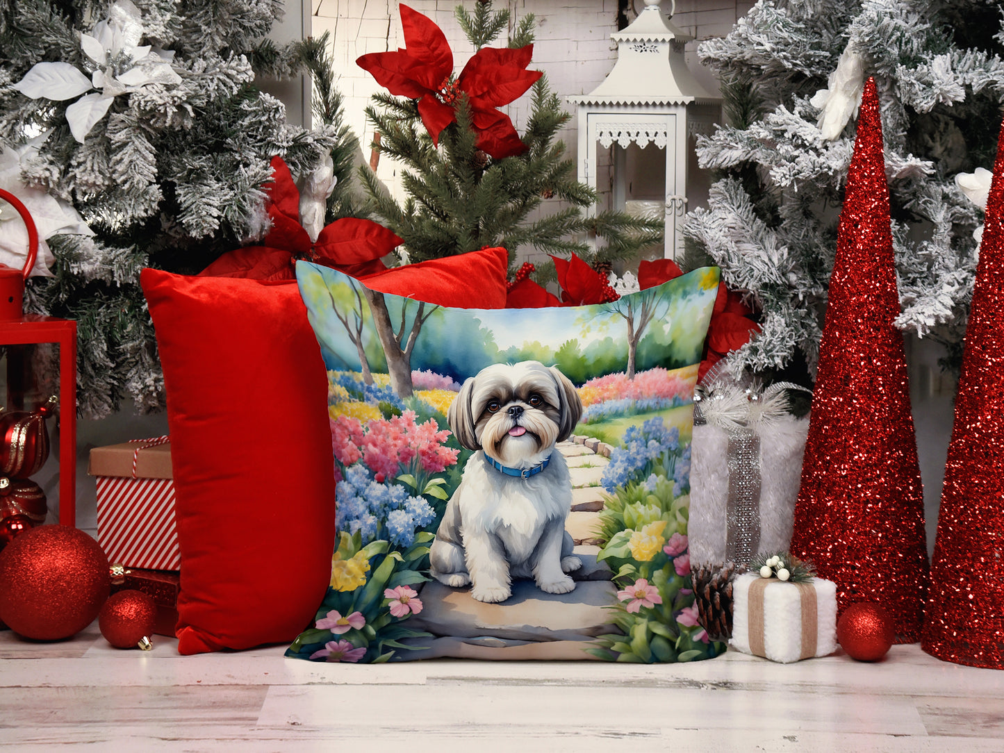 Shih Tzu Spring Path Throw Pillow