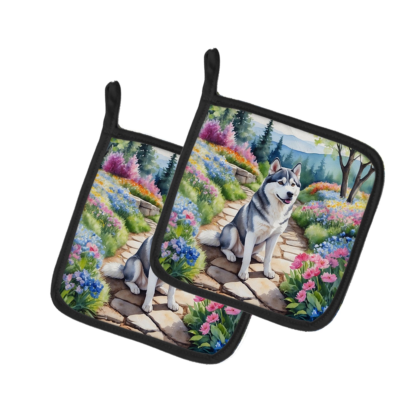 Buy this Siberian Husky Spring Path Pair of Pot Holders