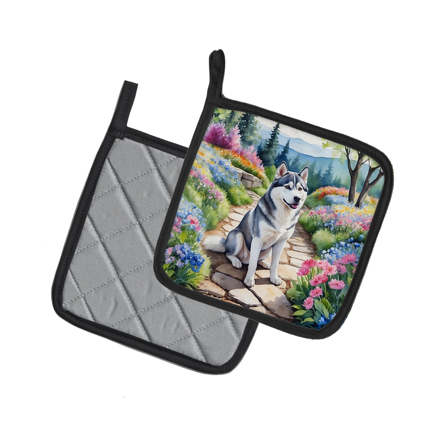 Siberian Husky Spring Path Pair of Pot Holders