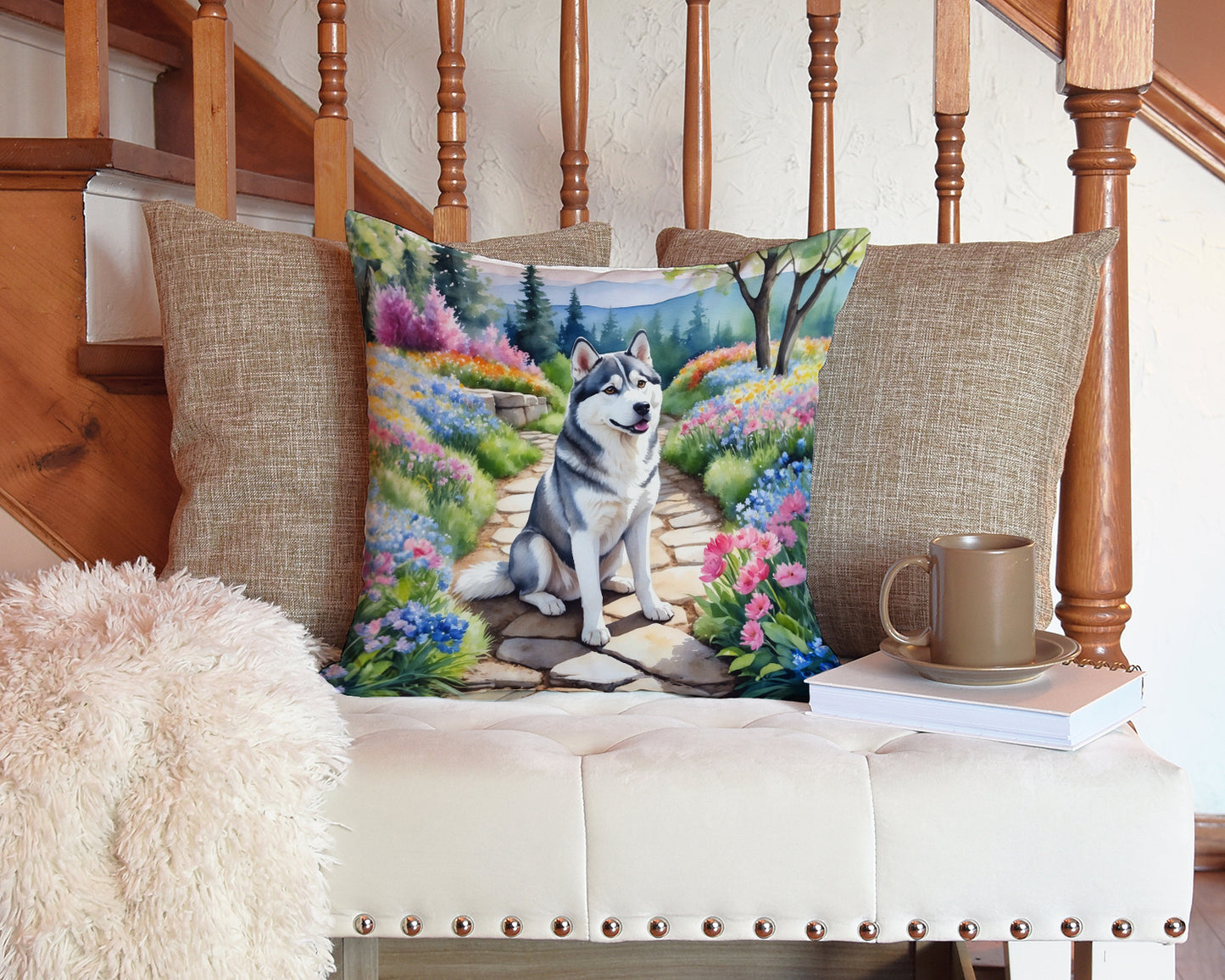 Siberian Husky Spring Path Throw Pillow