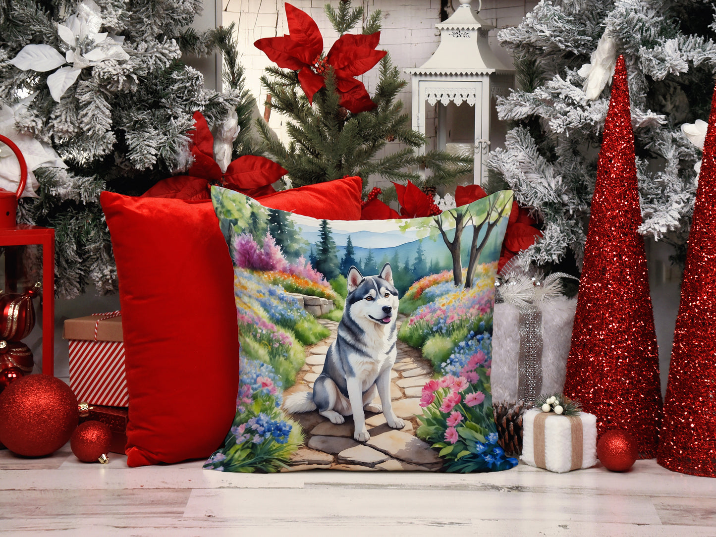 Siberian Husky Spring Path Throw Pillow