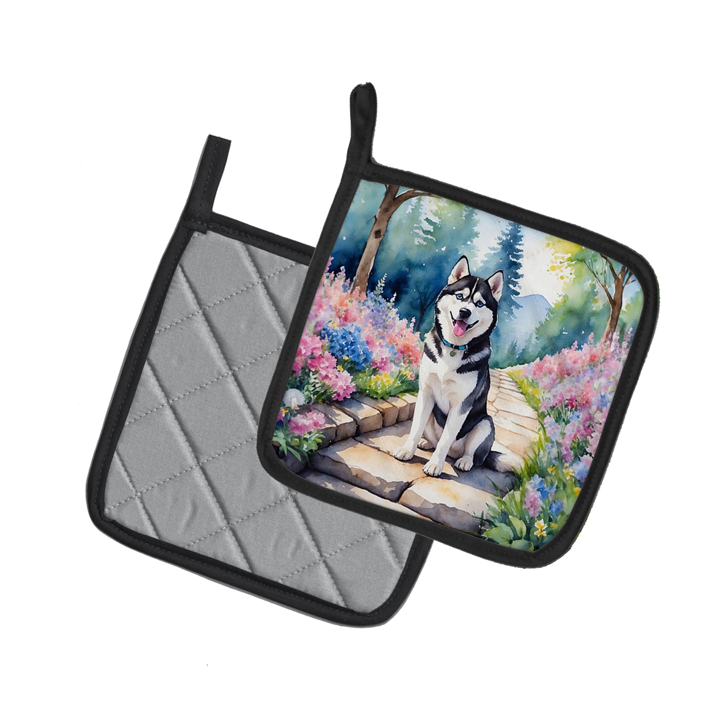 Siberian Husky Spring Path Pair of Pot Holders