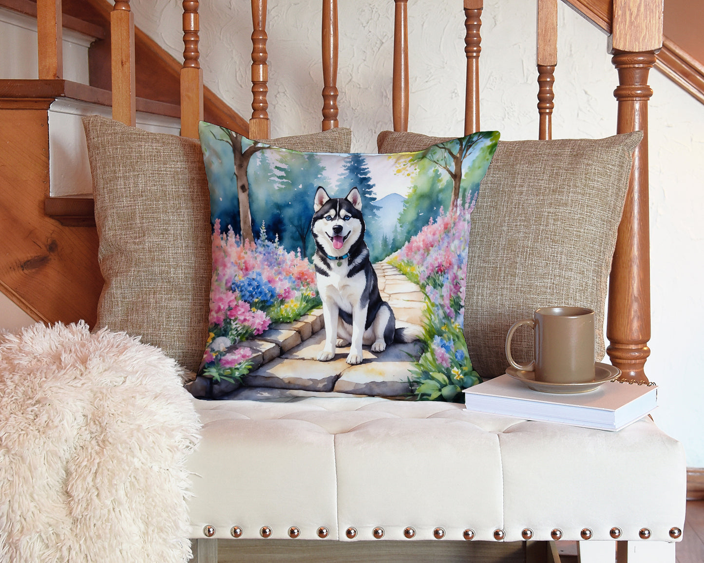 Siberian Husky Spring Path Throw Pillow