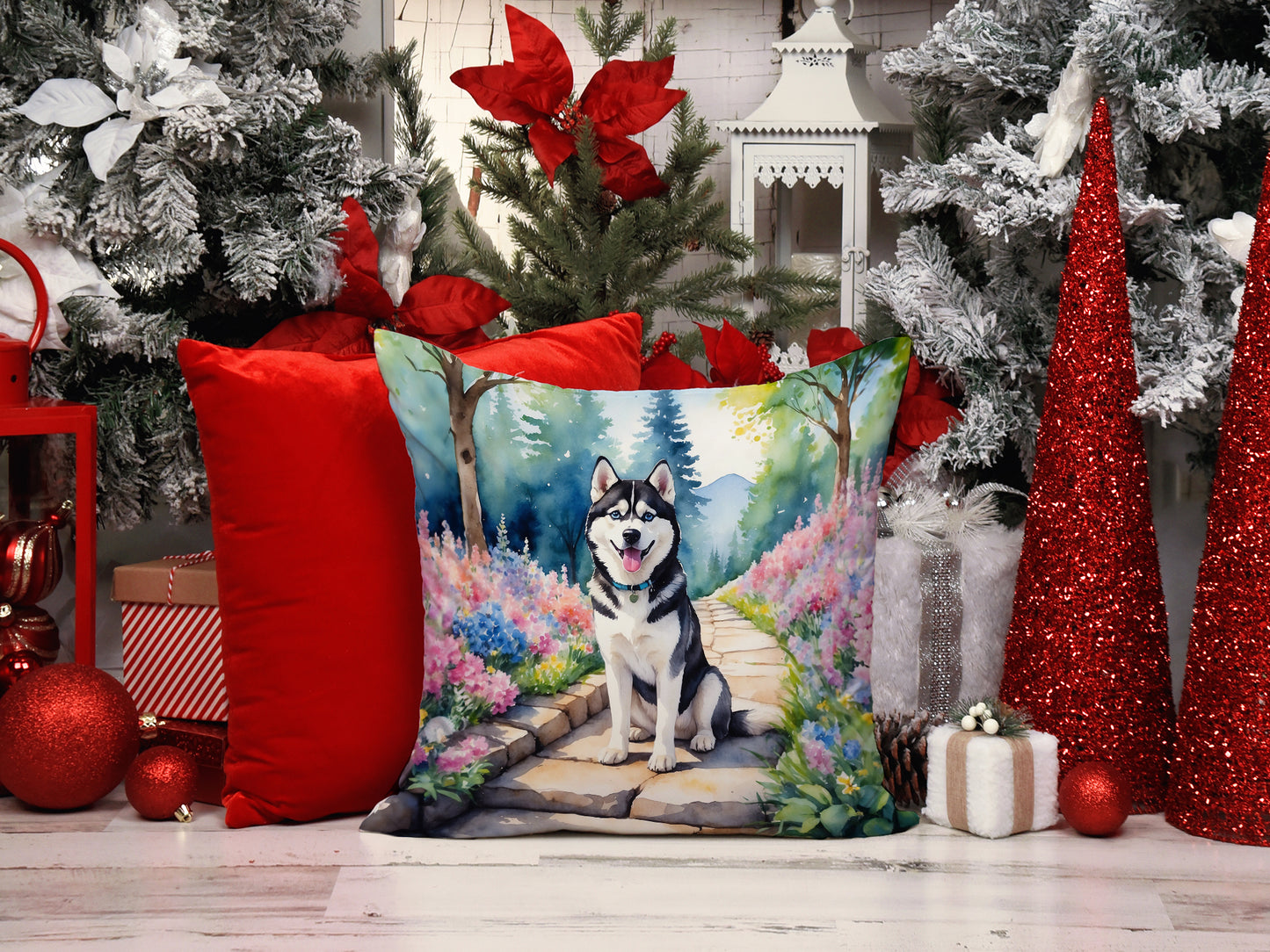 Siberian Husky Spring Path Throw Pillow