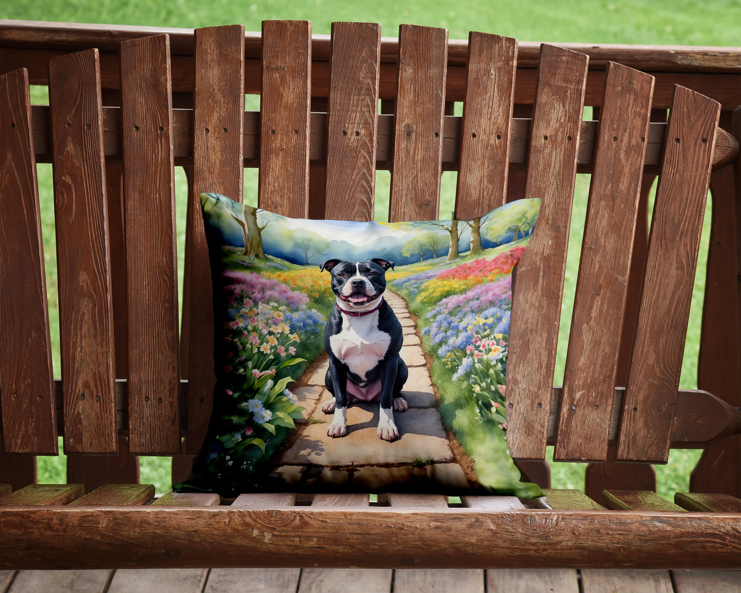 Staffordshire Bull Terrier Spring Path Throw Pillow