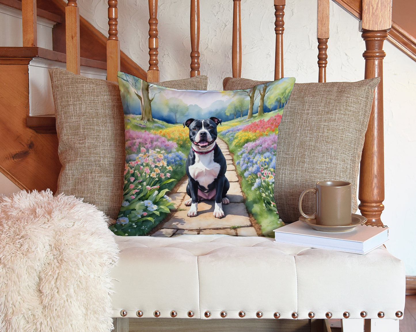 Staffordshire Bull Terrier Spring Path Throw Pillow