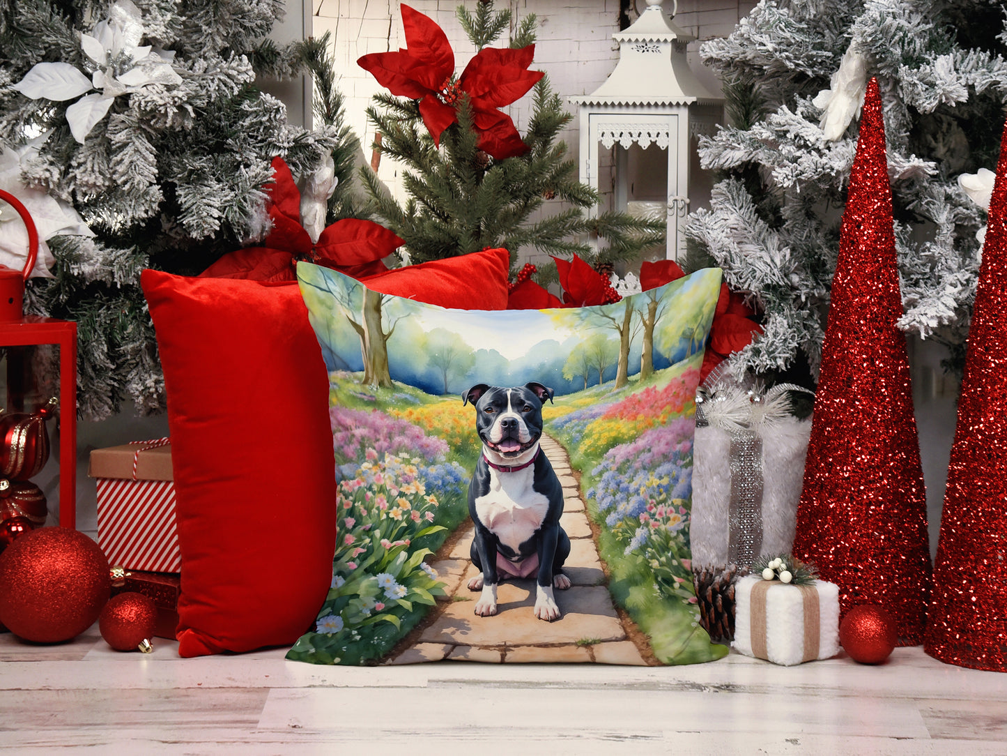 Staffordshire Bull Terrier Spring Path Throw Pillow