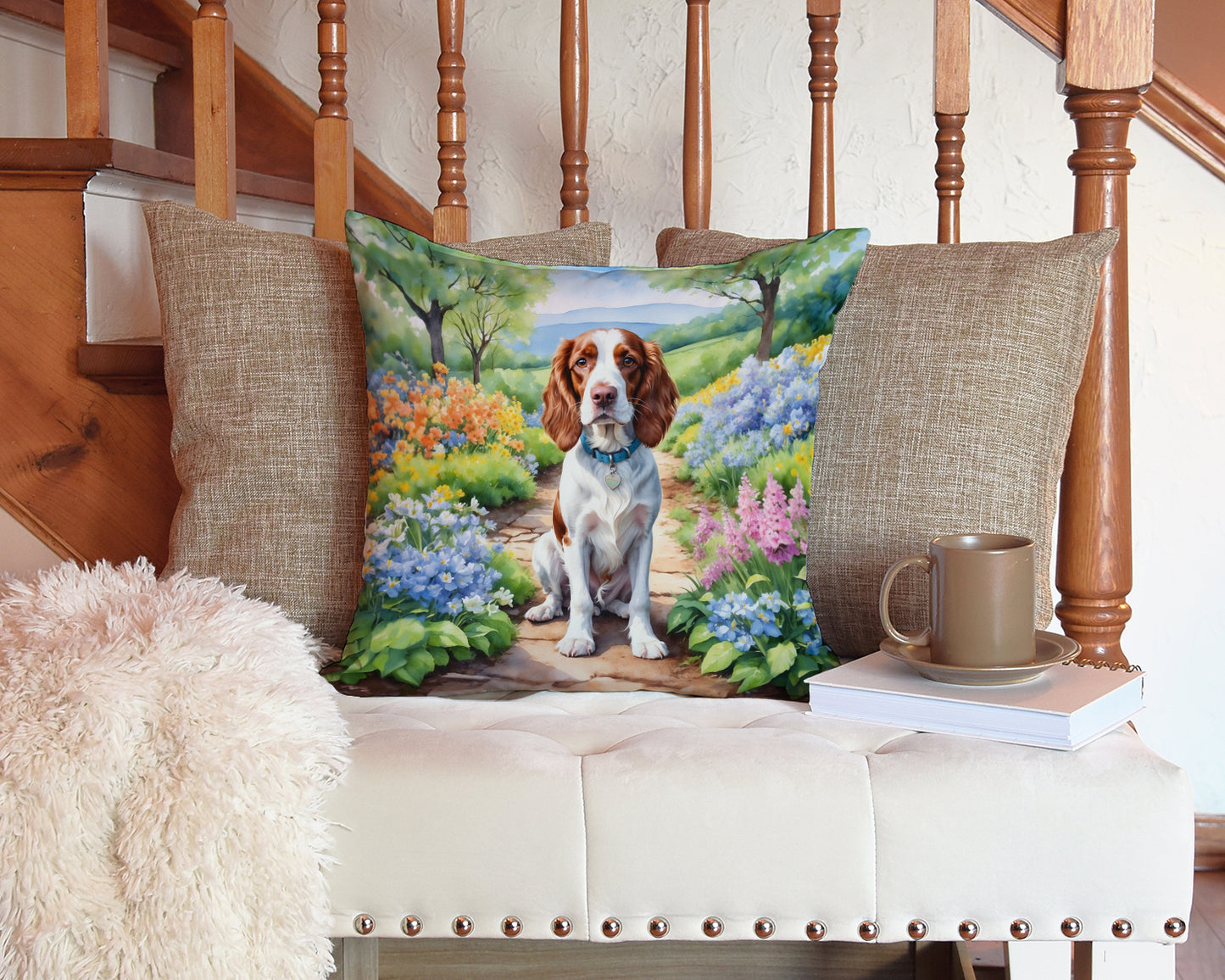 Welsh Springer Spaniel Spring Path Throw Pillow