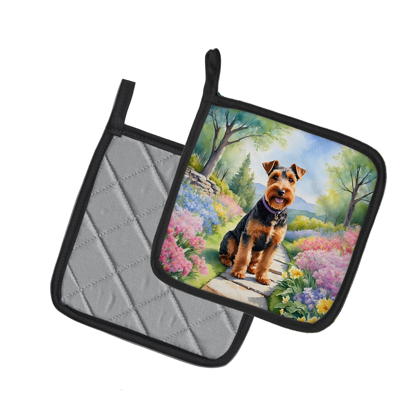 Welsh Terrier Spring Path Pair of Pot Holders